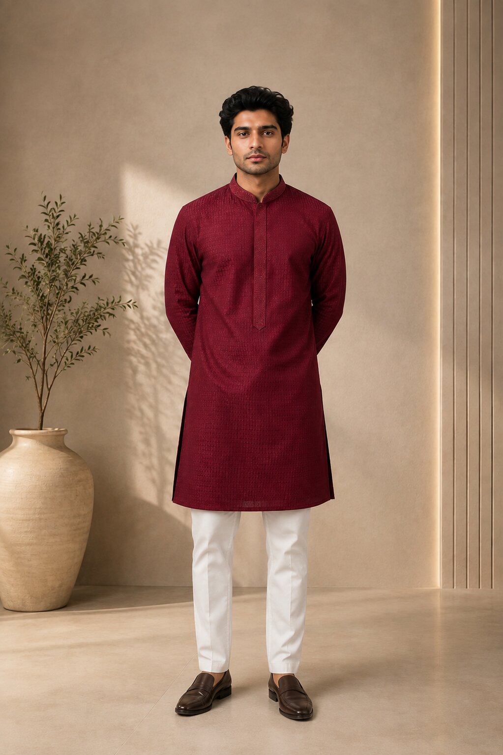 Men’s Maroon Textured Kurta Pajama