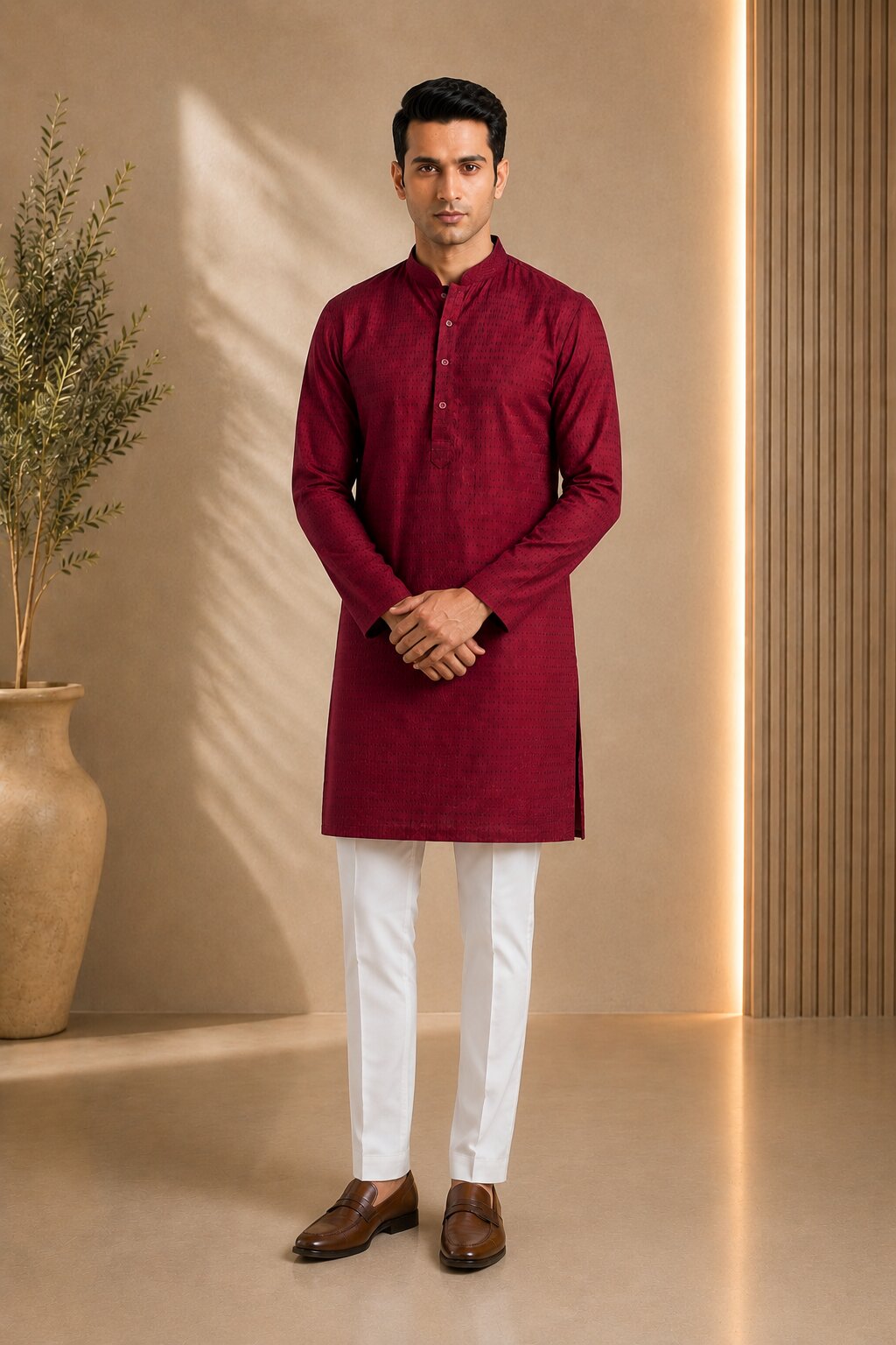 Men’s Maroon Textured Kurta Pajama