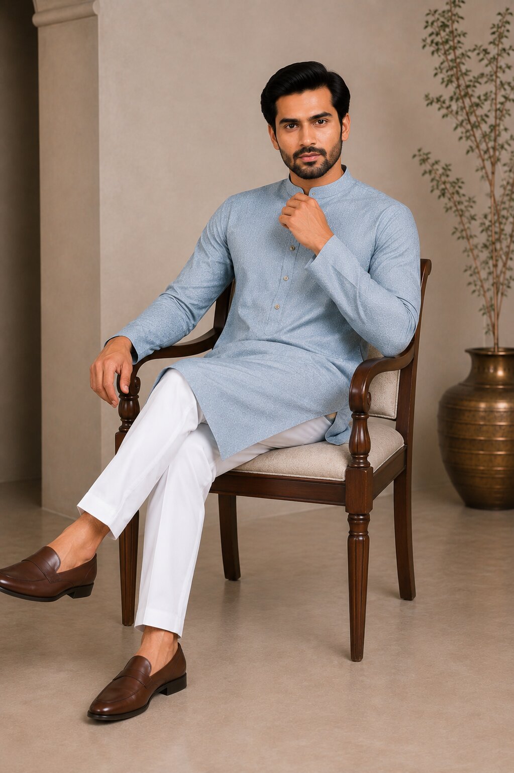 Men’s Light Blue Textured Kurta Pajama