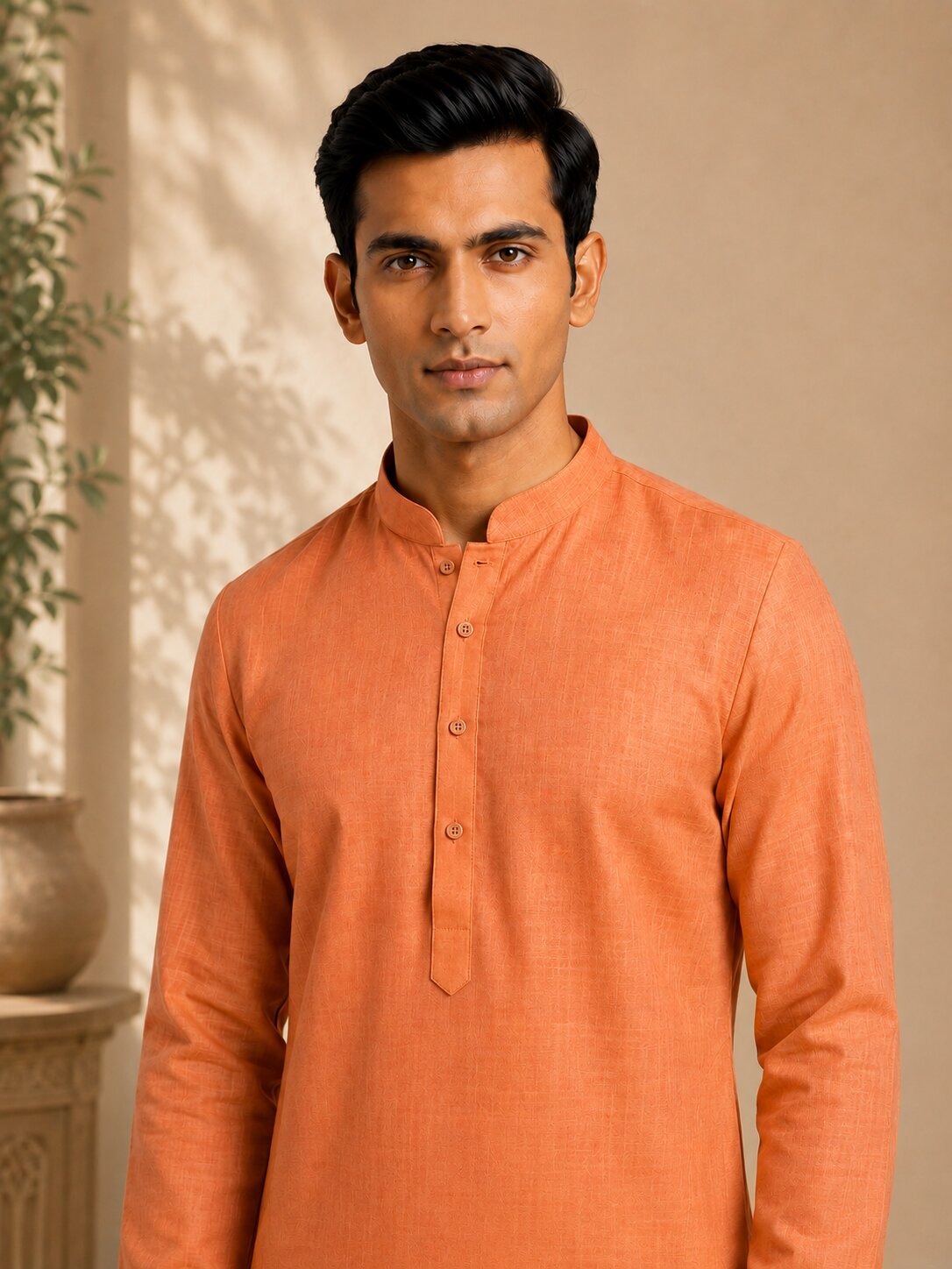 Men’s Orange Textured Kurta
