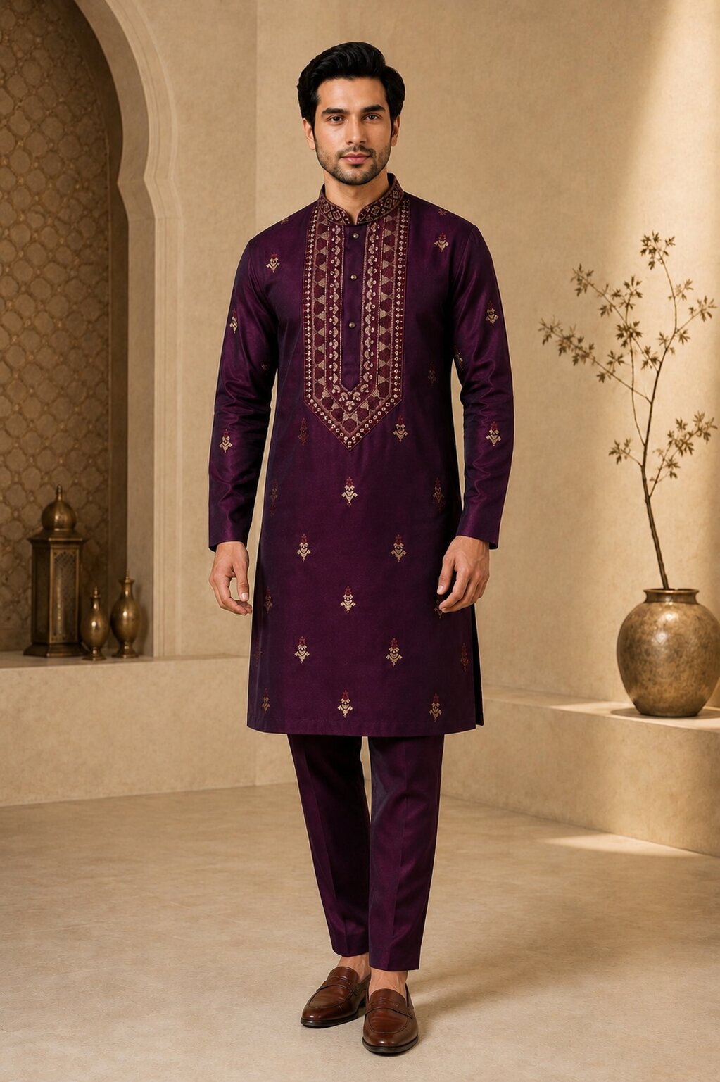 Men’s Wine Embroidered Kurta Pajama