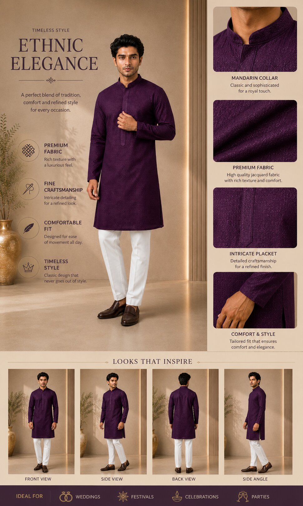 Men’s Purple Textured Kurta Pajama Set