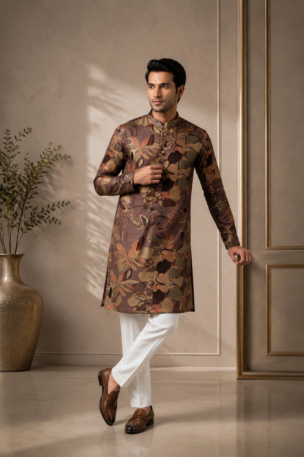Men’s Coffee Floral Printed Kurta Pajama Se