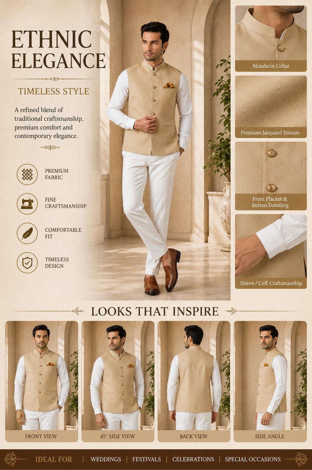 Beige Solid Nehru Bandi for Men