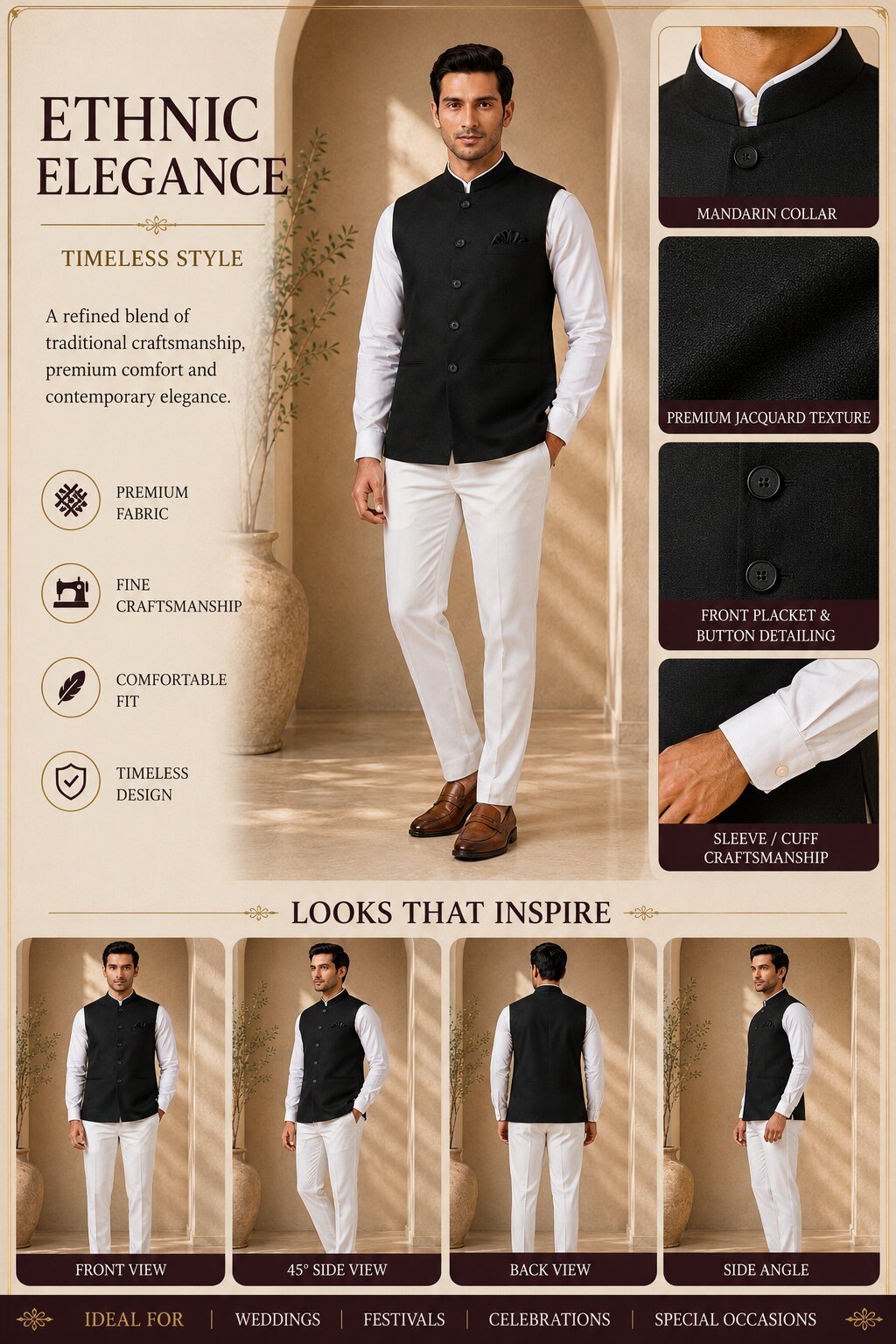 Black Solid Nehru Jacket (Bundi)