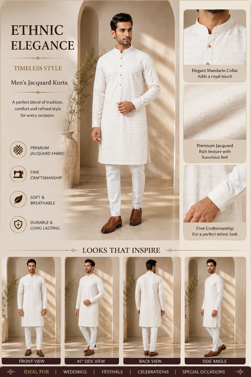Men Cream Textured Kurta Pajama Set