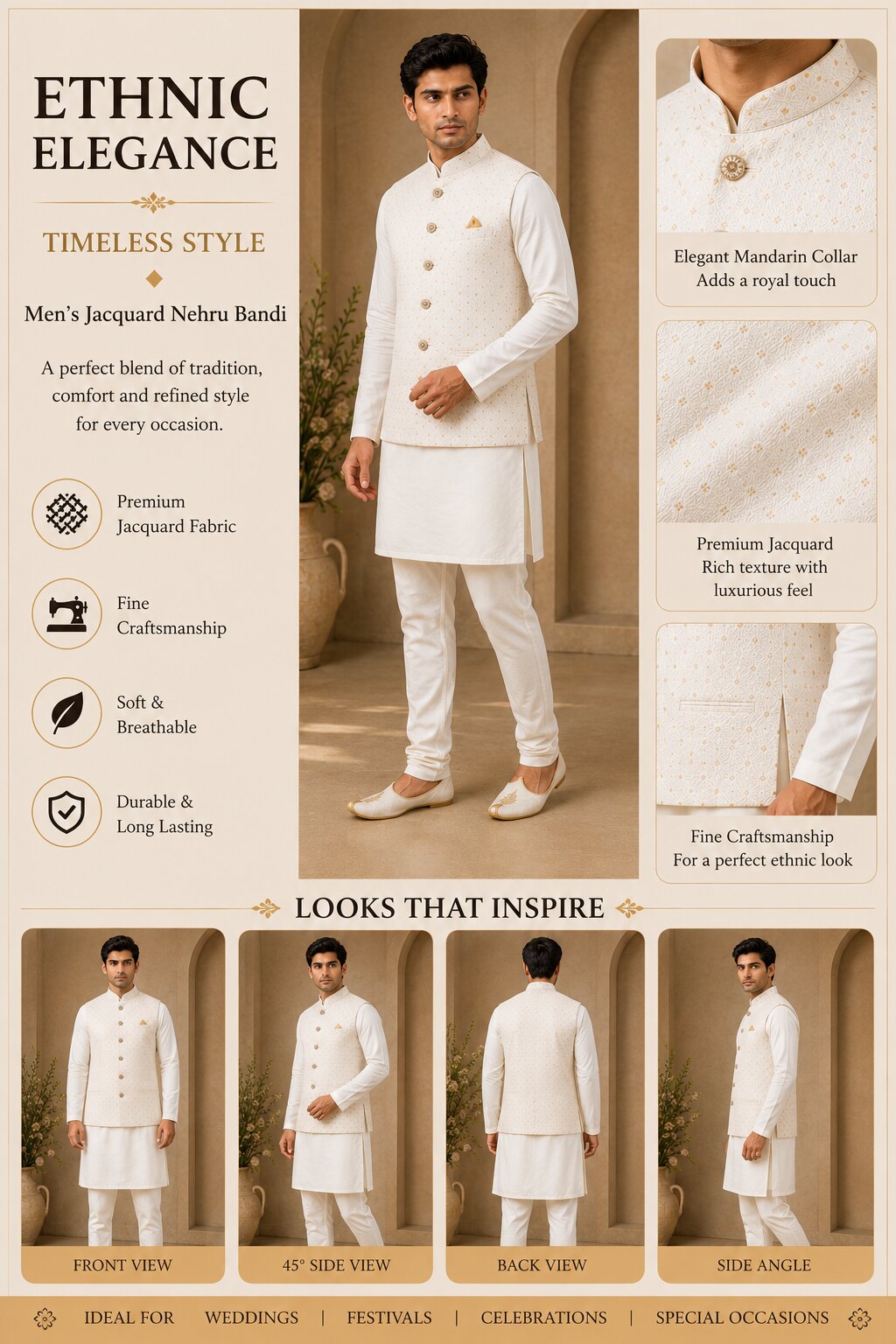 Off White Jacquard Nehru Bandi for Men