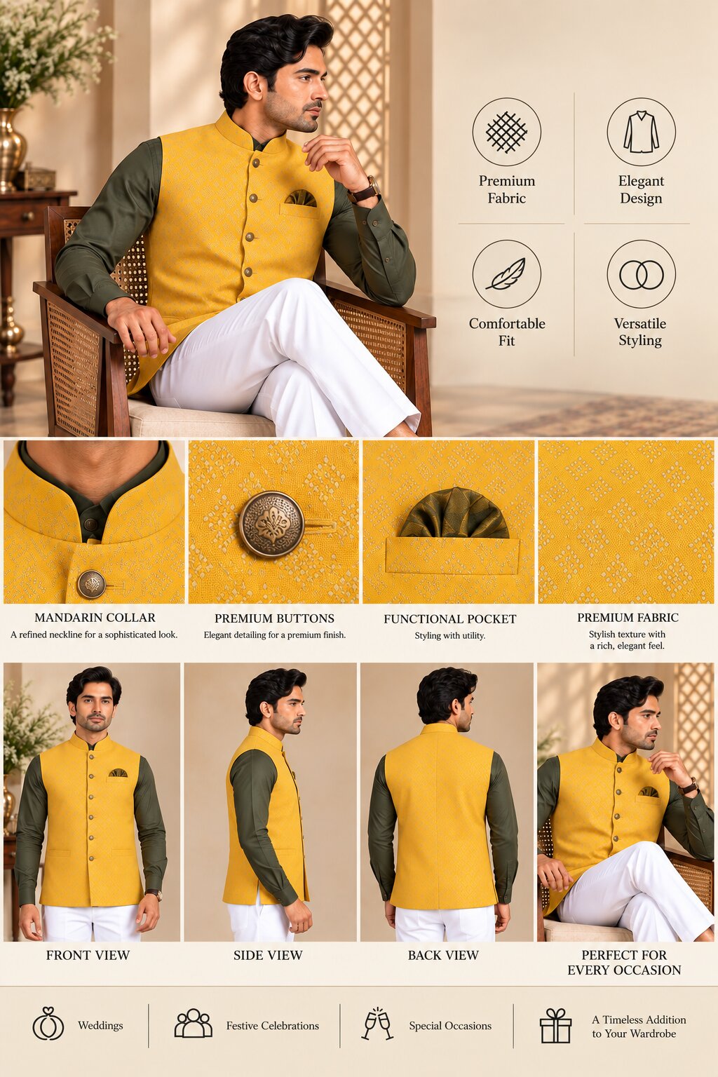 Men’s Yellow Patterned Nehru Jacket Bundi