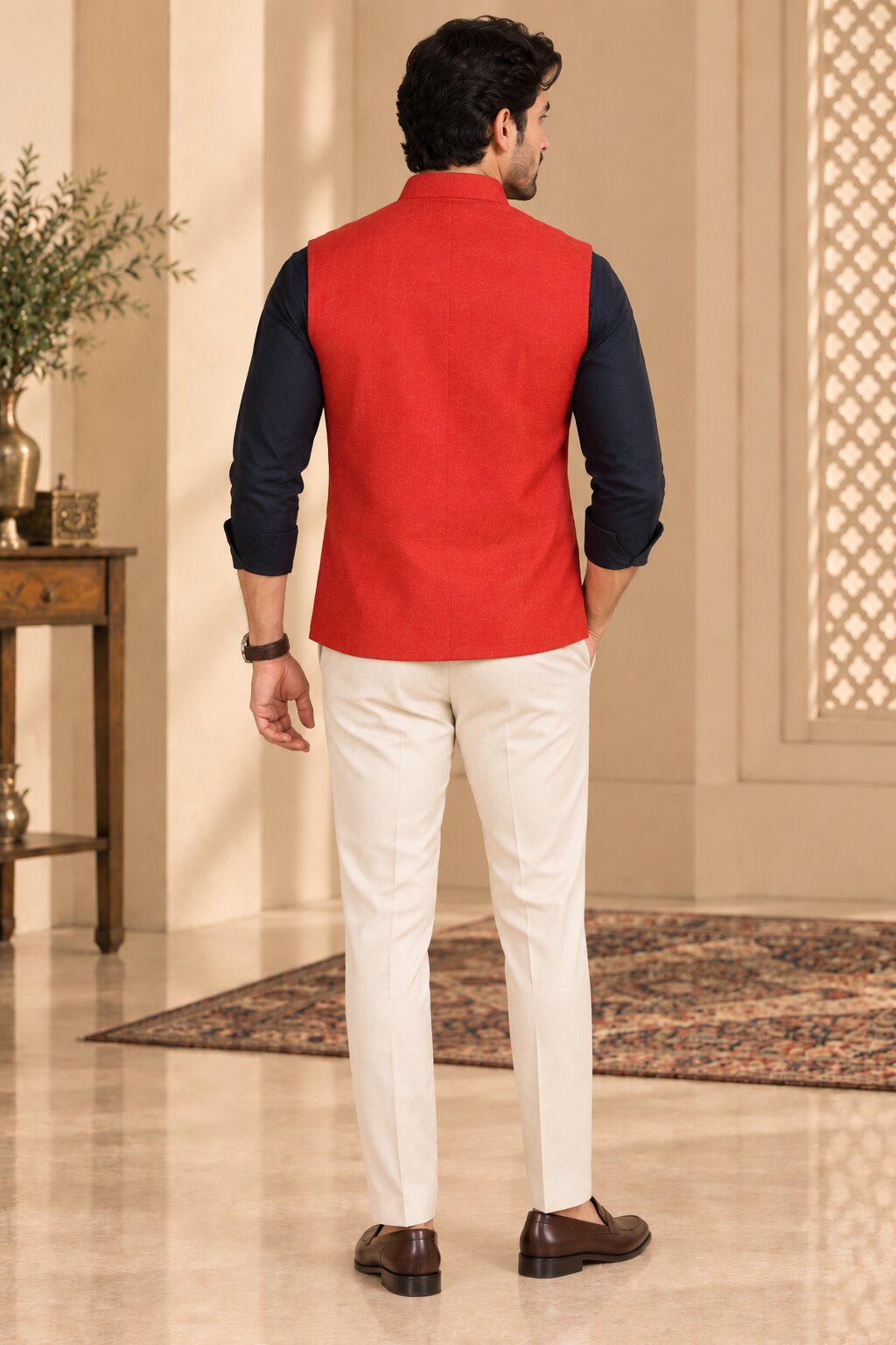 Men’s Red Solid Textured Nehru Jacket Bundi