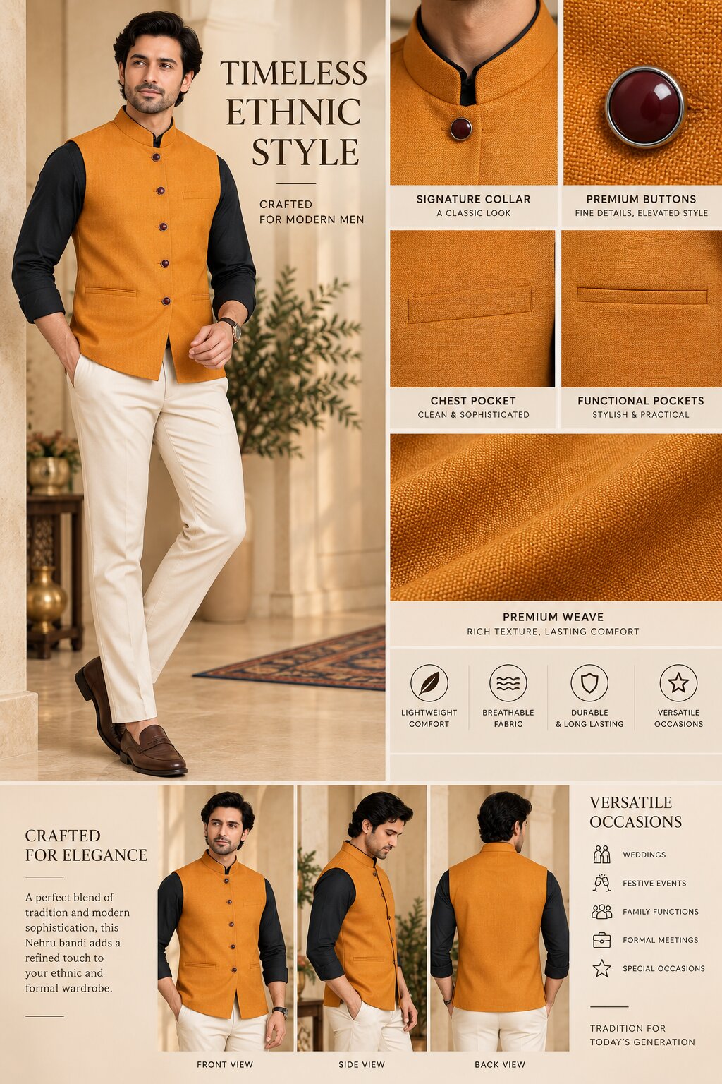 Men’s Orange Solid Nehru Jacket Bundi