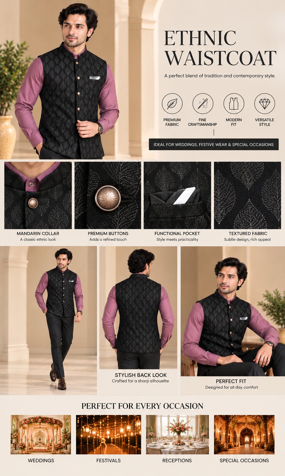 Men’s Black Printed Nehru Jacket Bundi