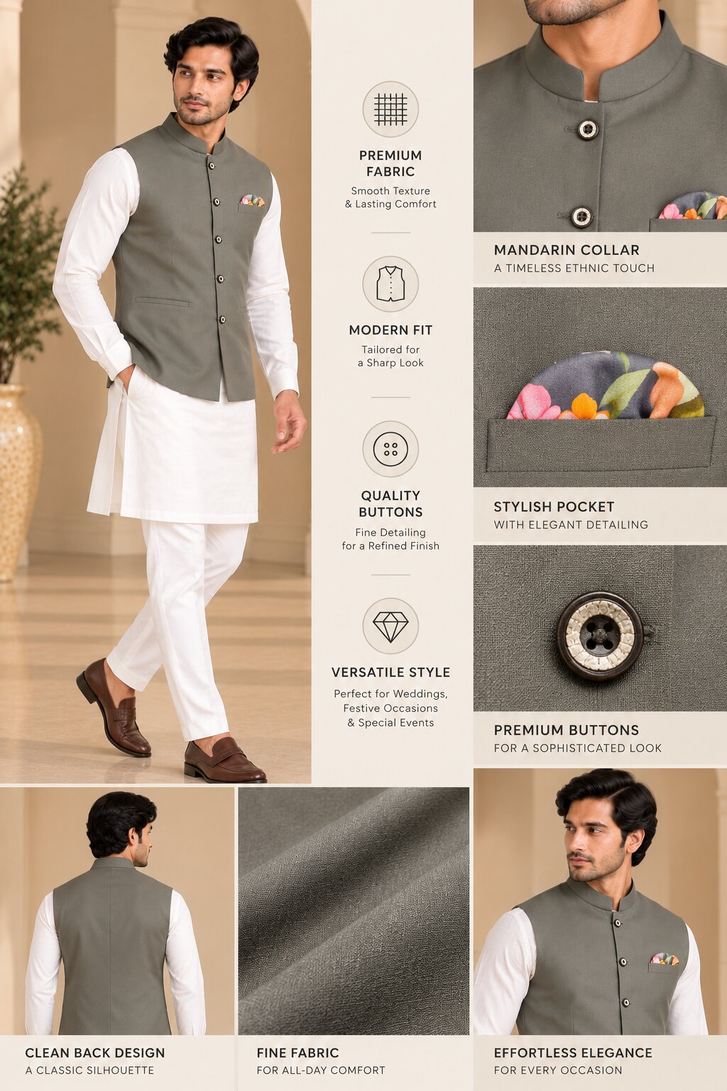 Men’s Mehndi Green Solid Nehru Jacket Bundi