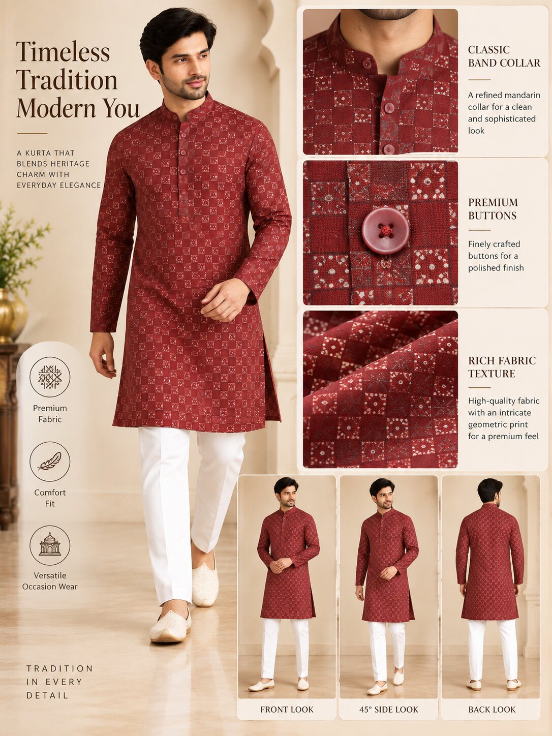 Men's Maroon Printed Kurta Pyjama Set