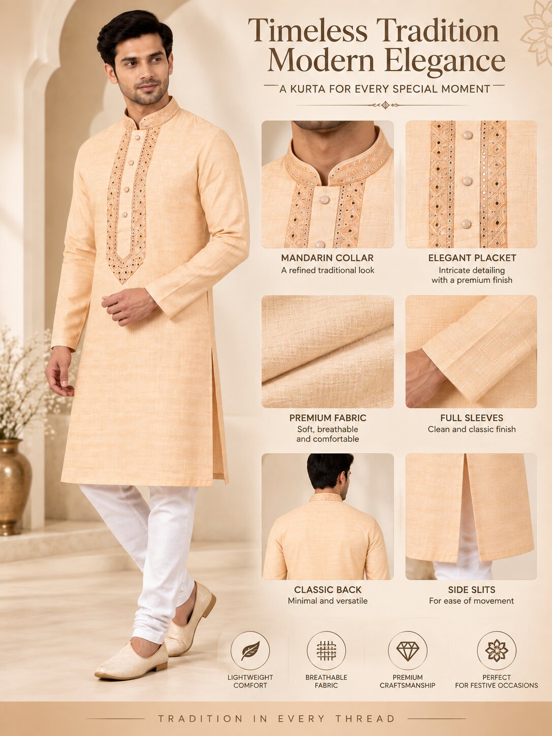 Men's Light Orange Embroidered Ethnic Kurta Pyjama Set