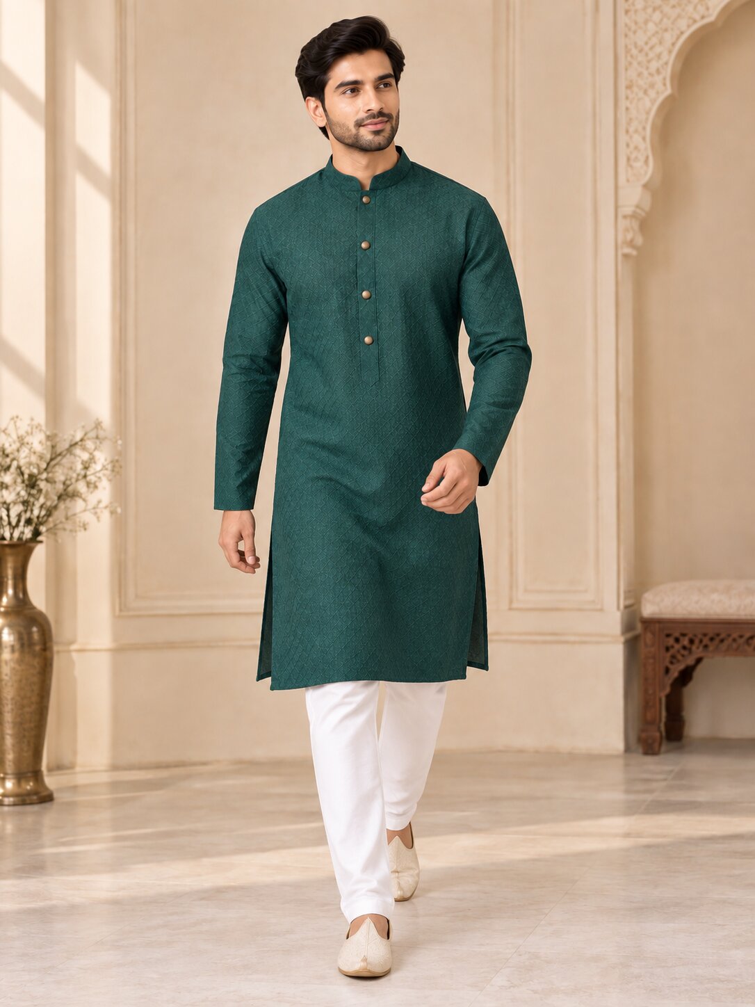 Men's Green Textured Kurta Pyjama Set
