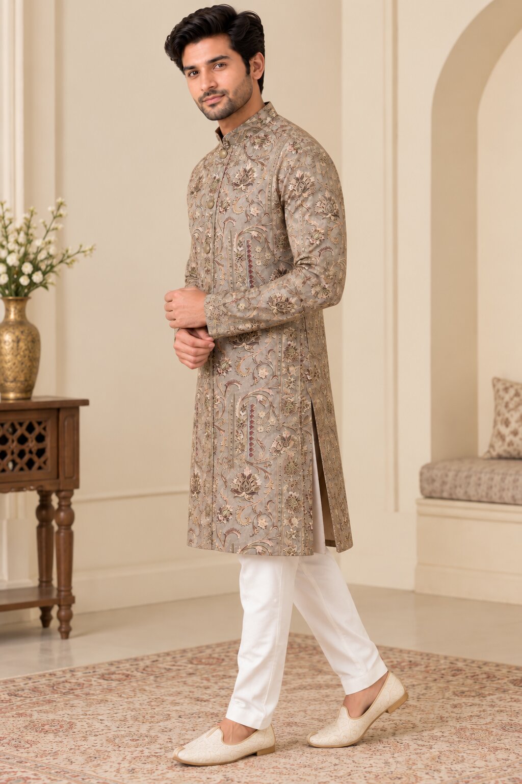 Men's Light Pista Printed Kurta Pyjama Set