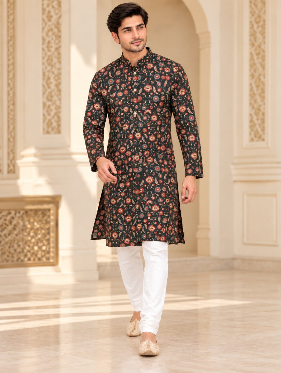 Men's Bottle Green Printed Kurta Pyjama Set