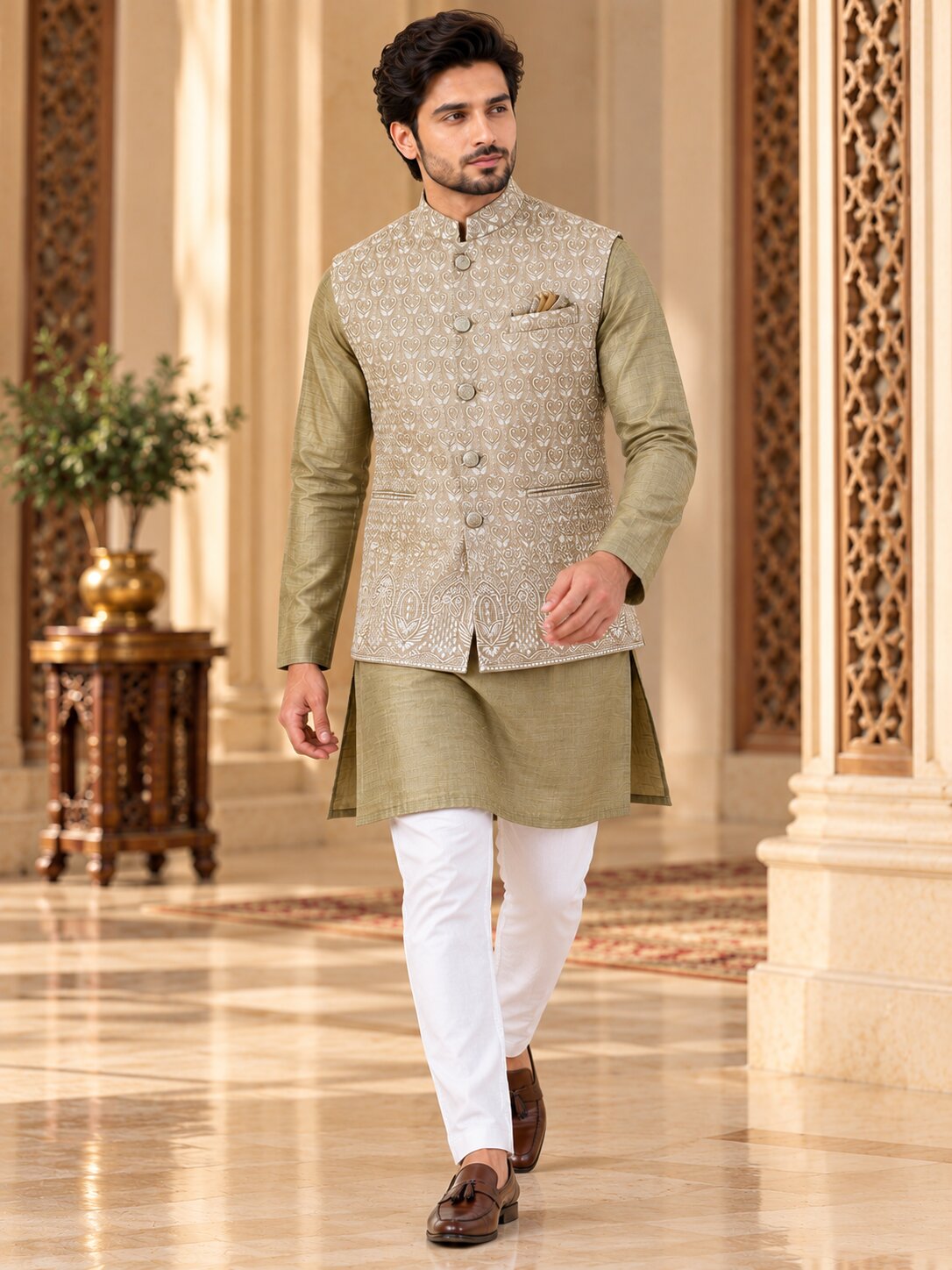 Men's Fawn Printed Nehru Jacket