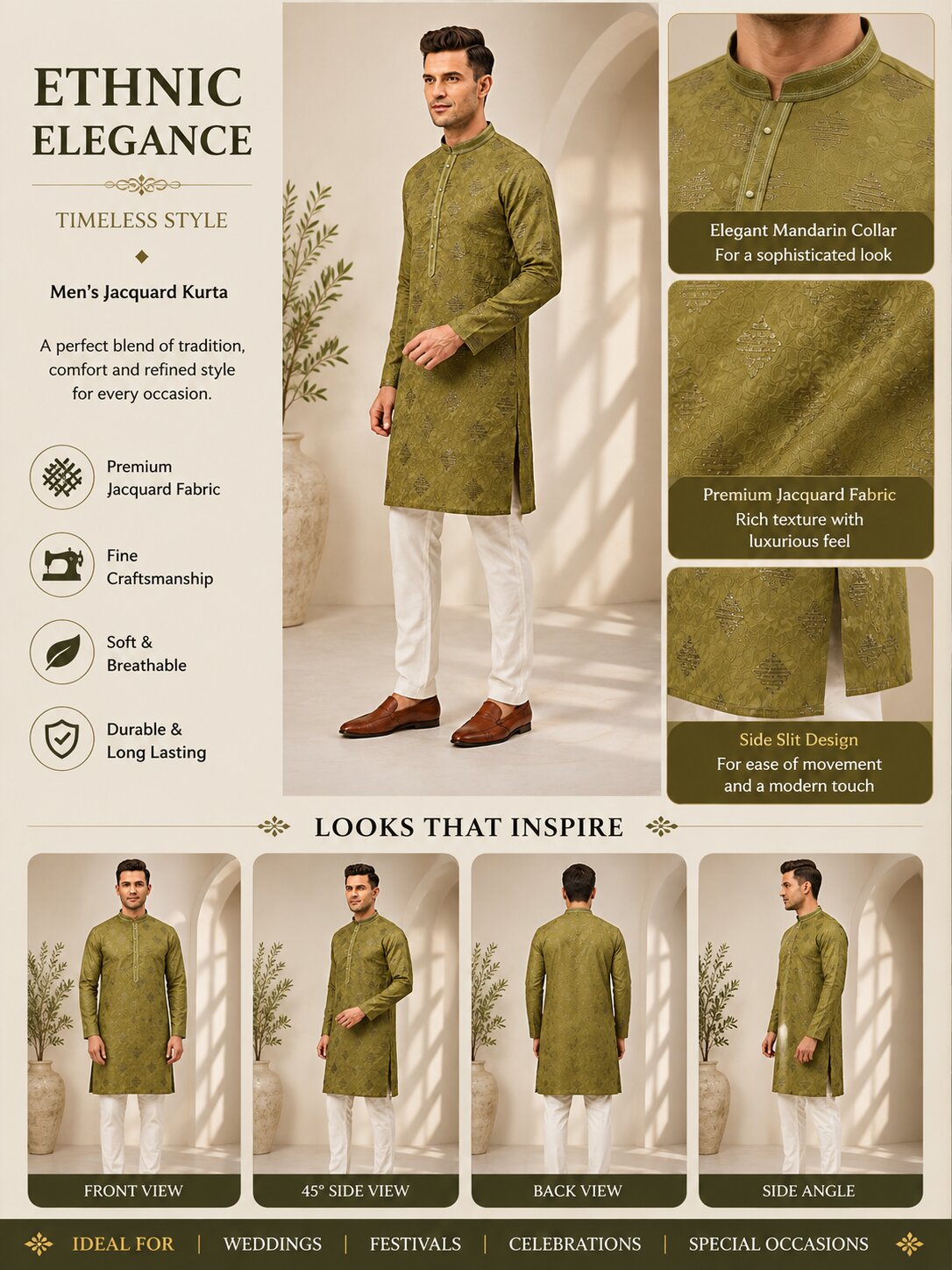 Mehandi Printed Kurta Pyjama Set for Men