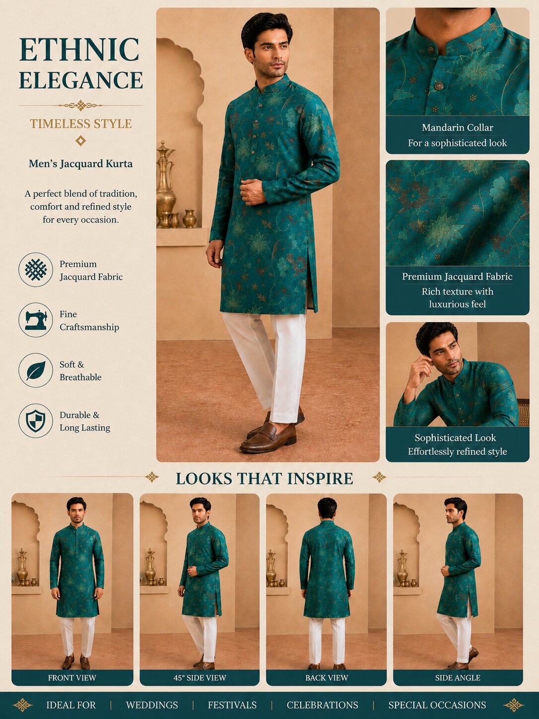 Bright Green Floral Printed Kurta Pyjama Set for Men