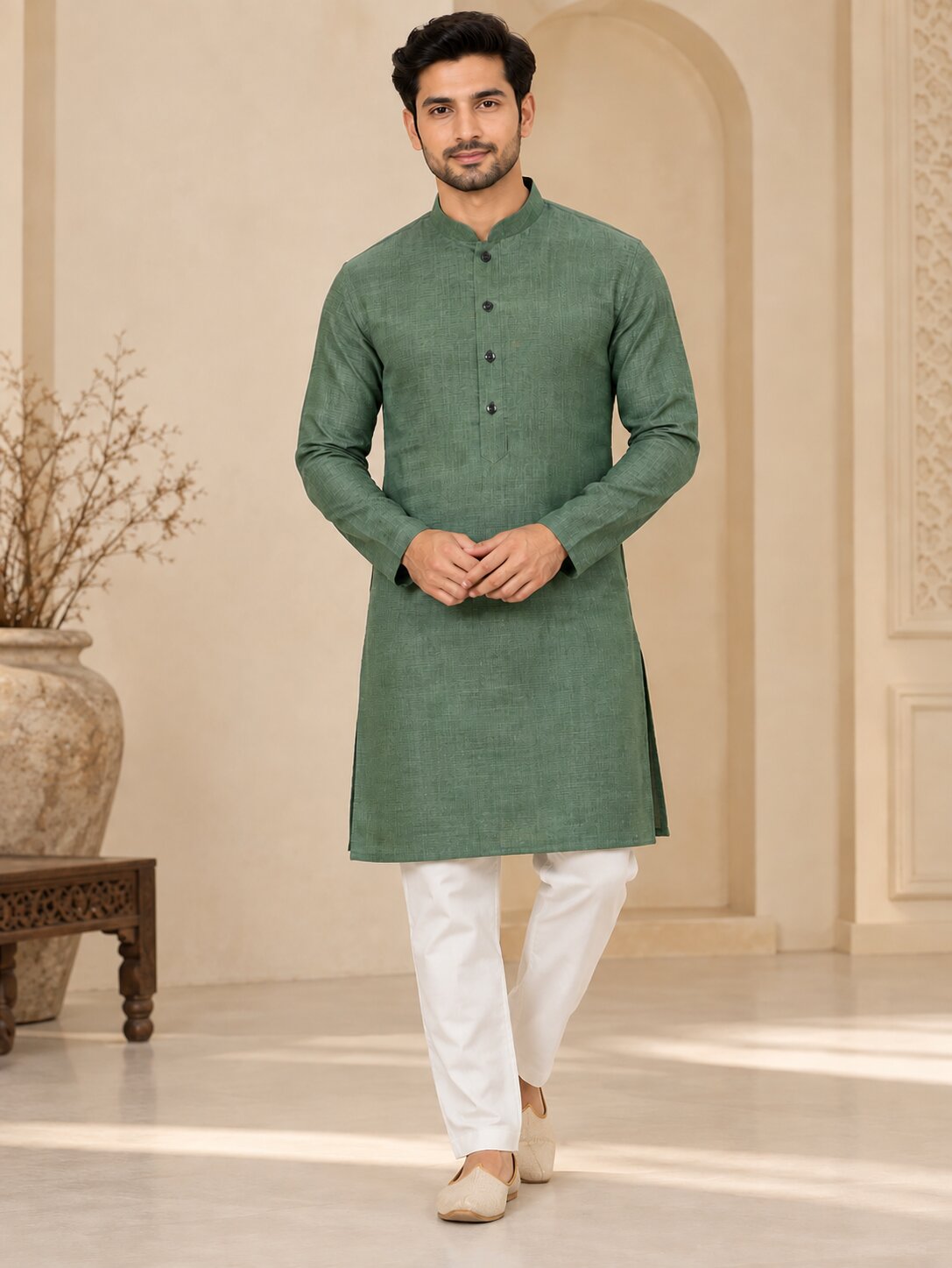 Men Premium Green Textured Kurta Pyjama Set