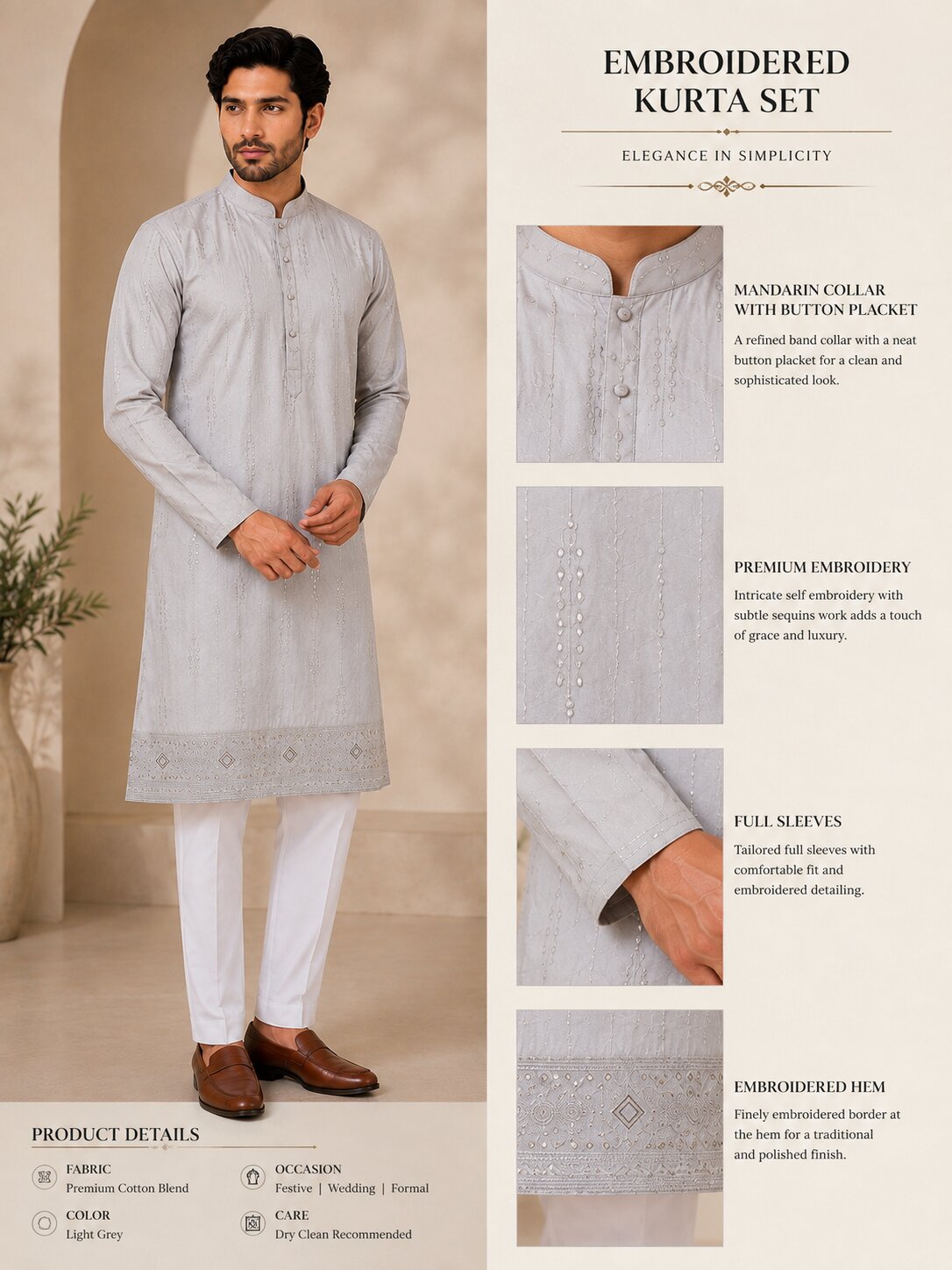 Light Peach Embroidered Kurta Pyjama Set