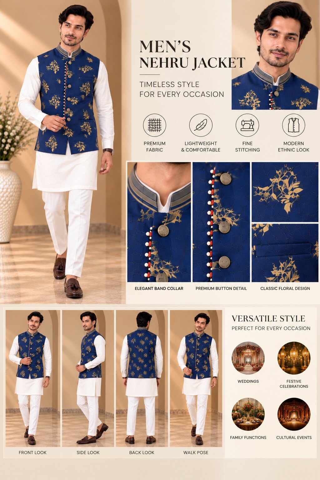 Navy Blue Printed Nehru Jacket Bundi for Men