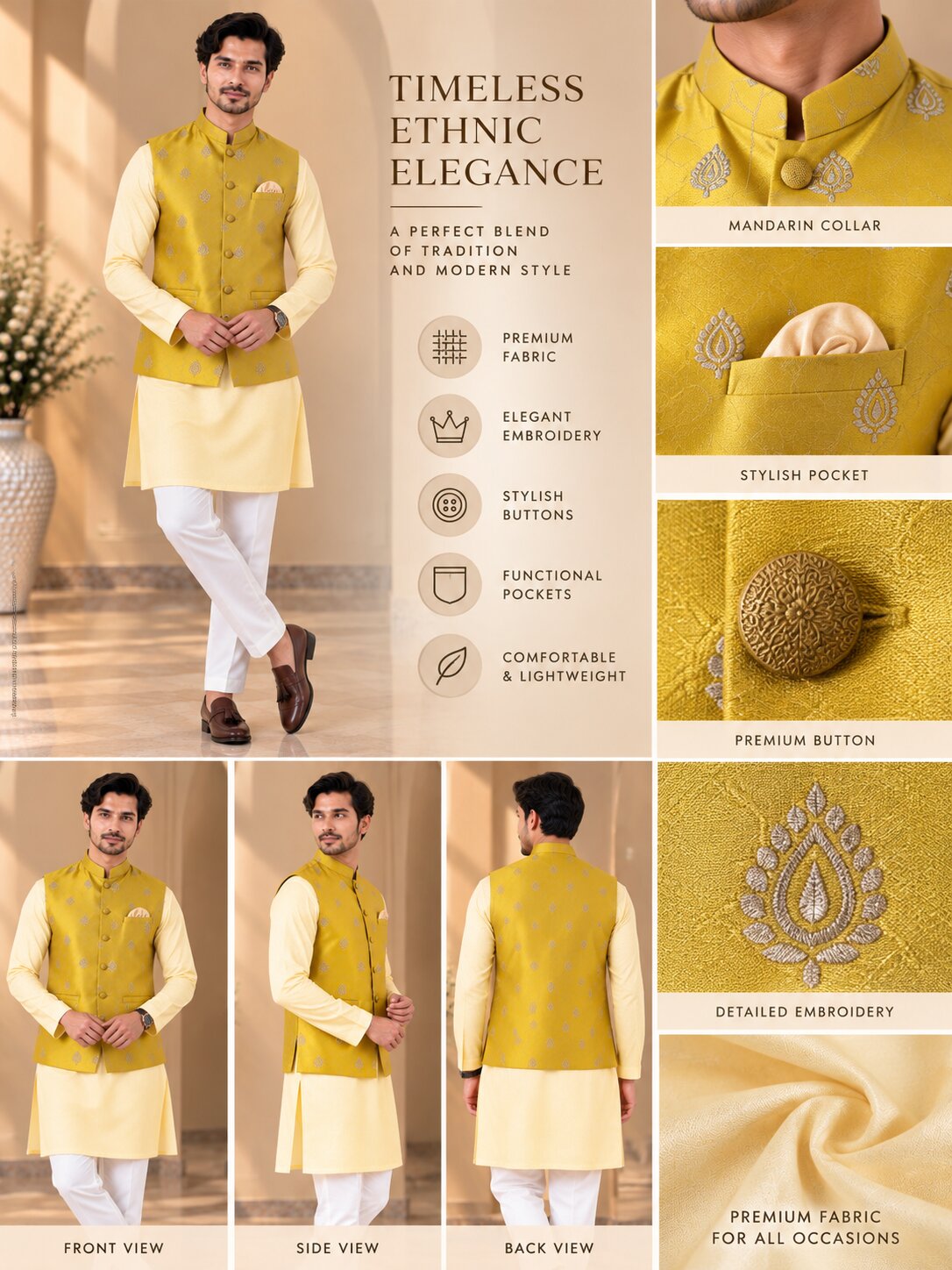 Men Yellow Printed Nehru Jacket Bundi