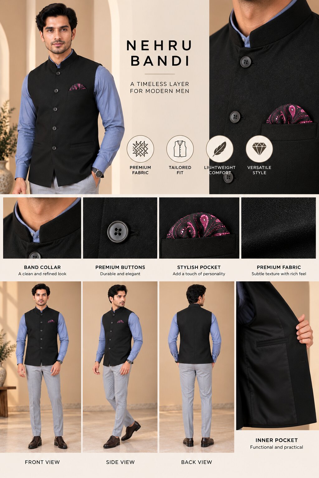 Men’s Black Nehru Jacket Bundi