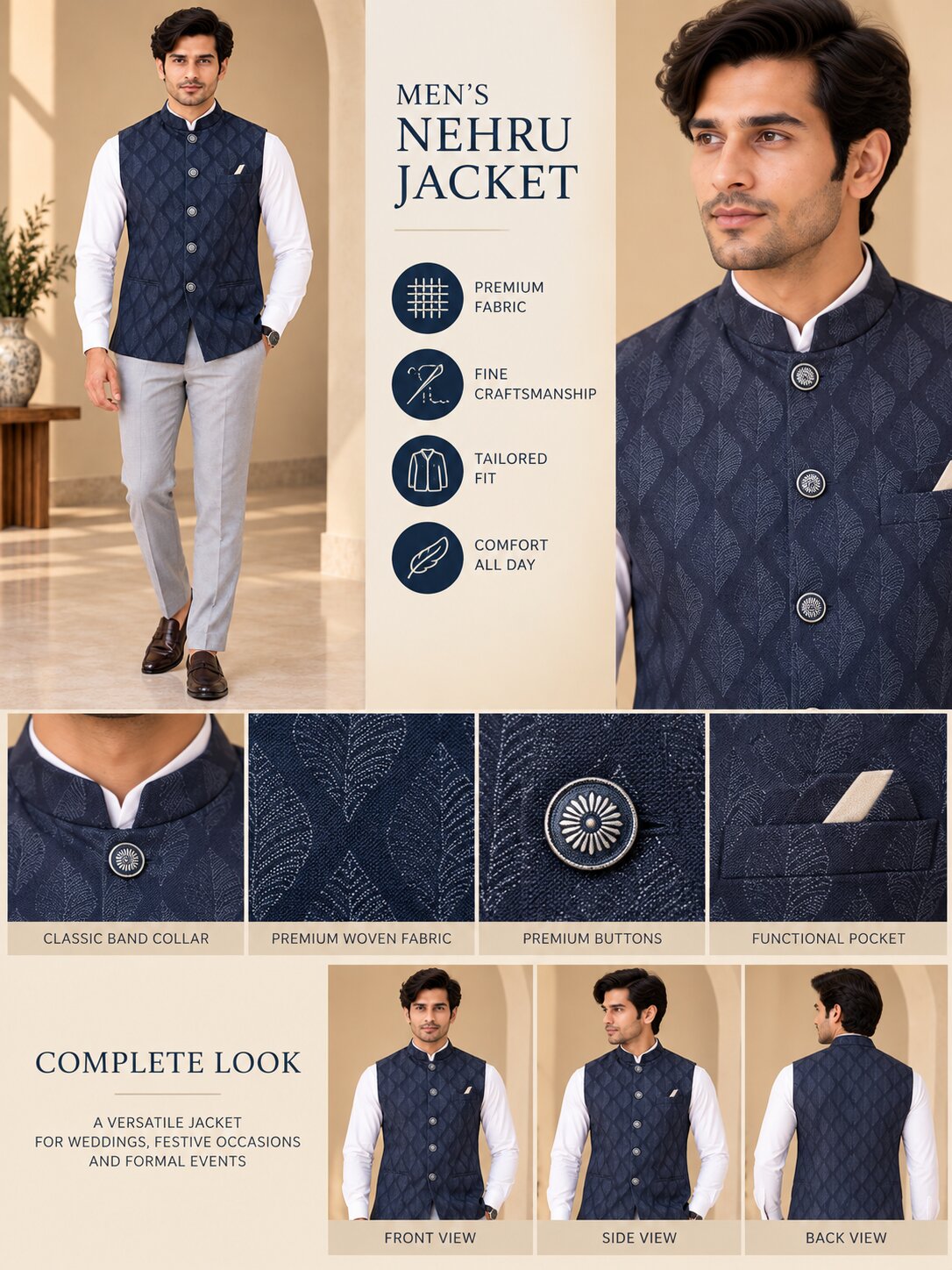Blue Patterned Nehru Jacket Bundi for Men