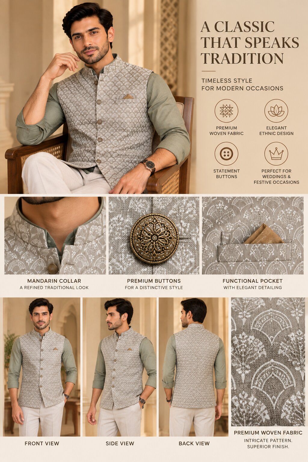 Men’s Light Pista Printed Nehru Jacket Bundi