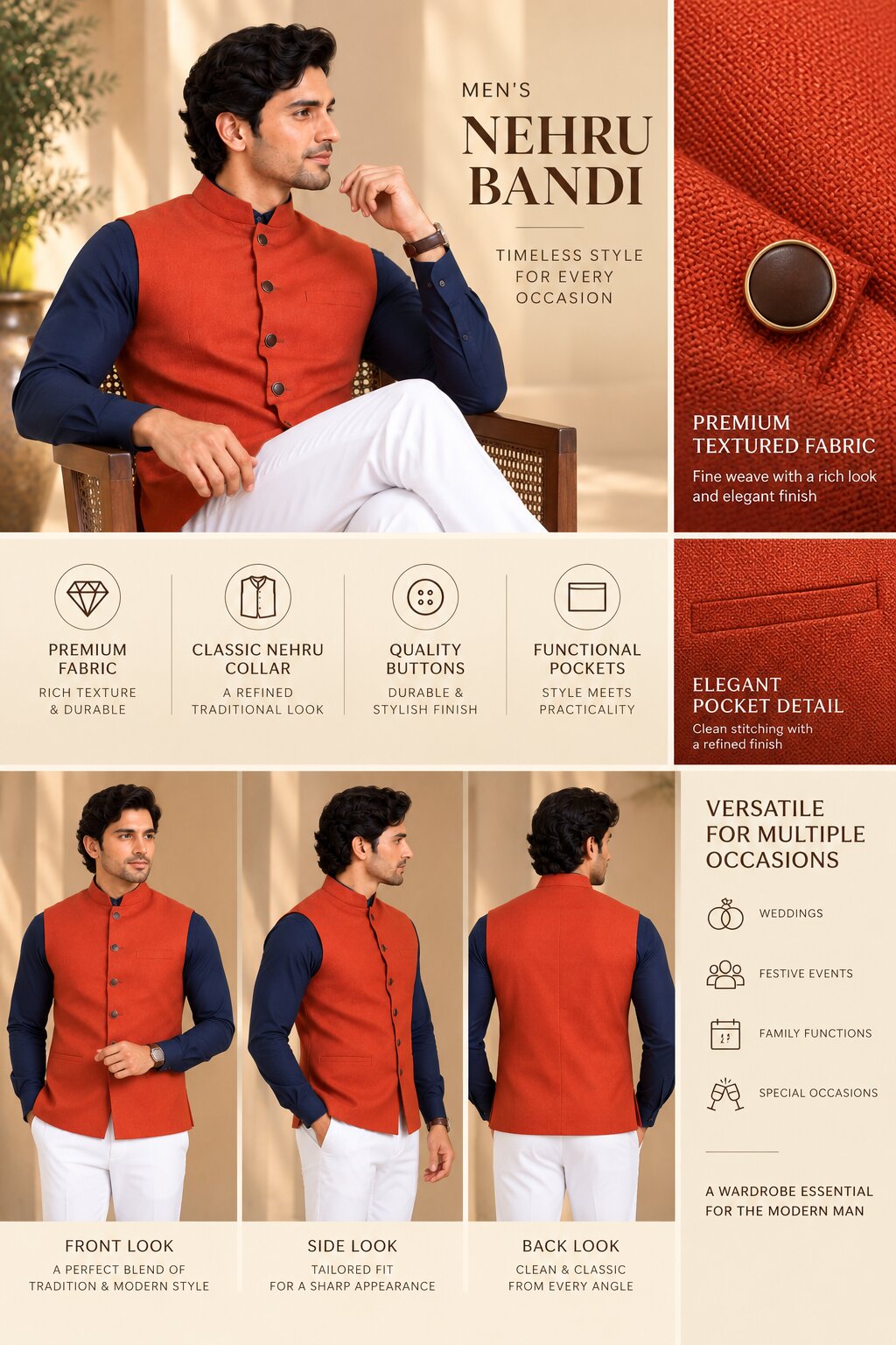 Men’s Orange Nehru Jacket Bundi