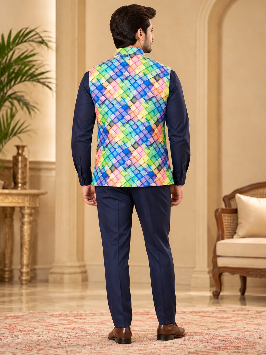 Men Multicolour Geometric Printed Nehru Jacket (Bundi)