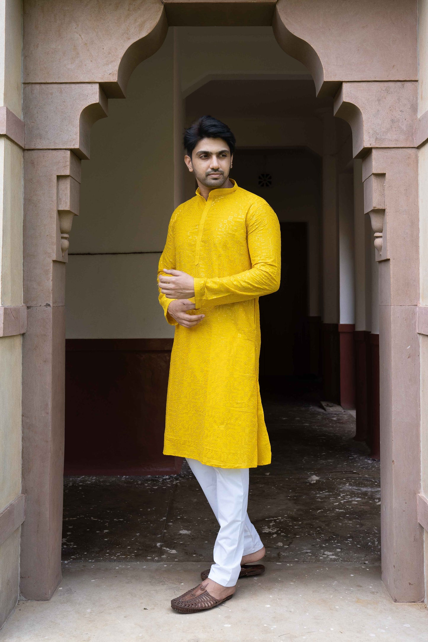Chikan Kari Kurta - Yellow