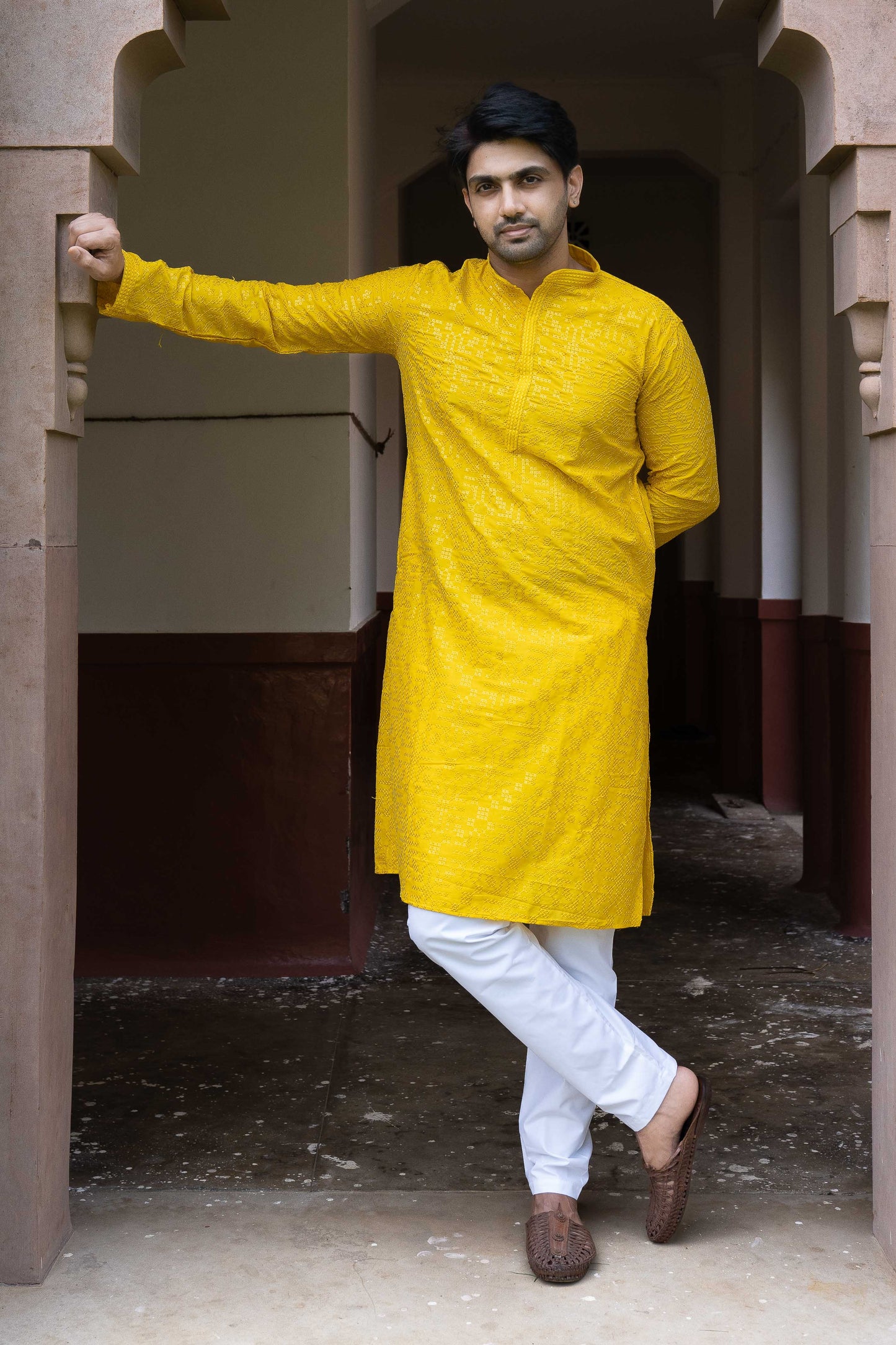 Chikan Kari Kurta - Yellow