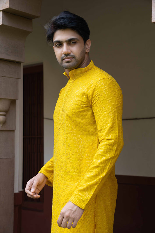 Chikan Kari Kurta - Yellow