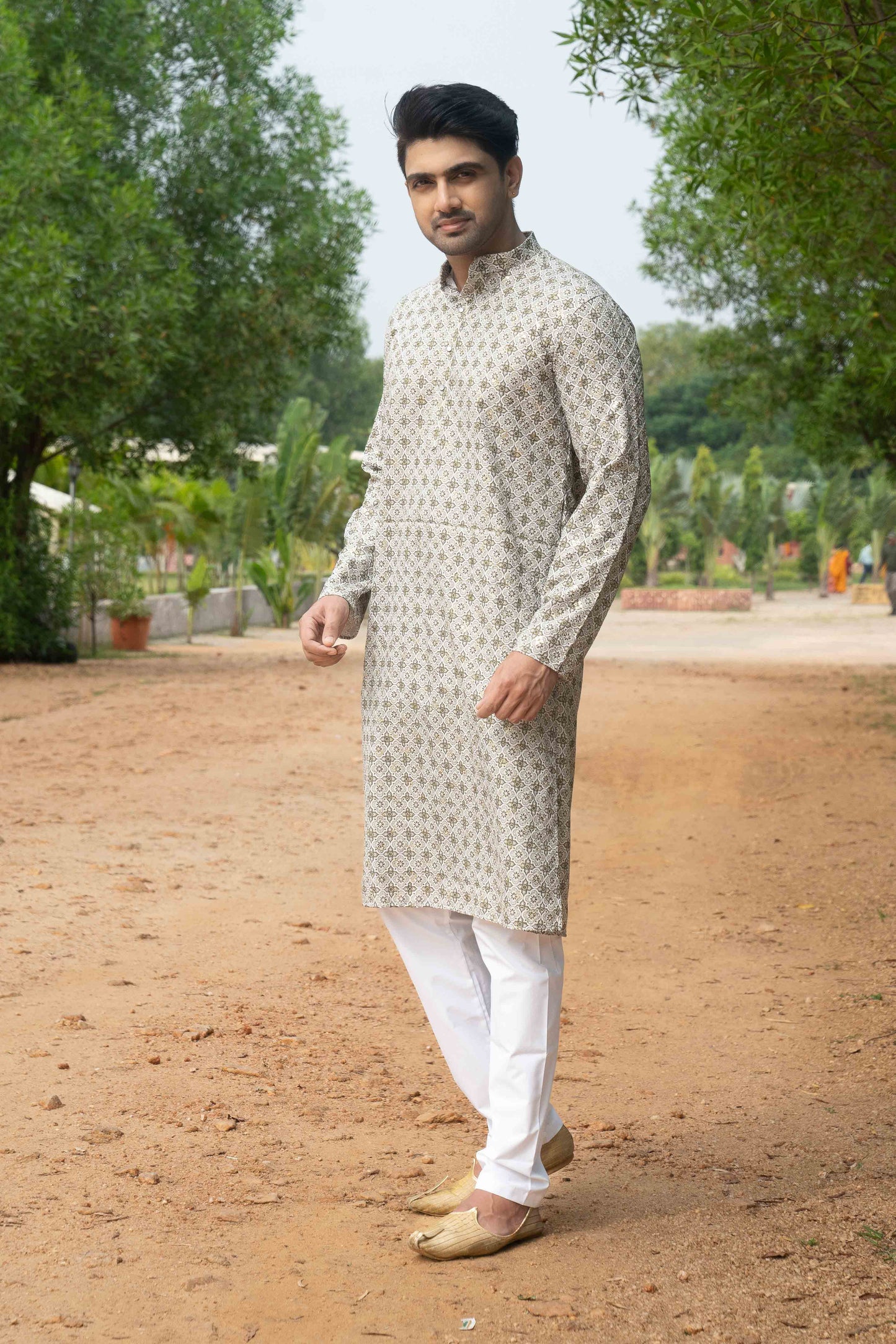 Printed Cotton Kurta - Olive