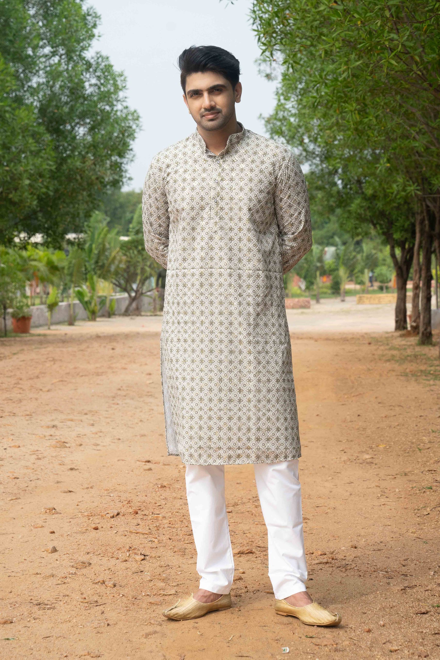 Printed Cotton Kurta - Olive