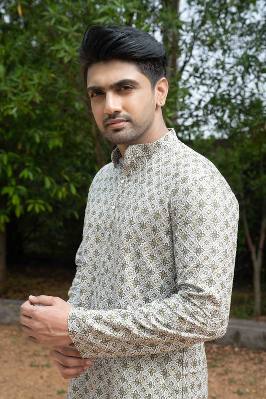 Printed Cotton Kurta - Olive