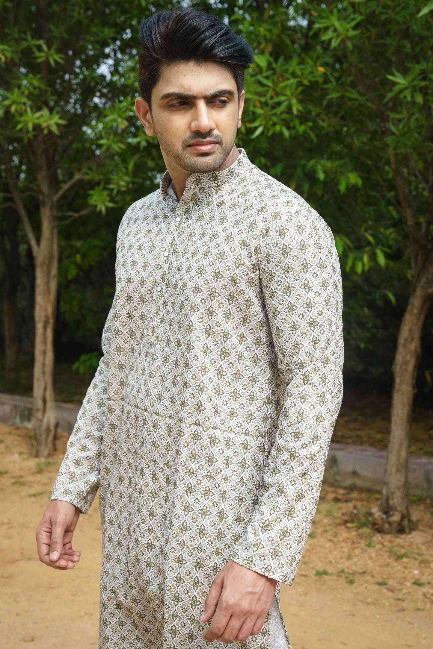 Printed Cotton Kurta - Olive