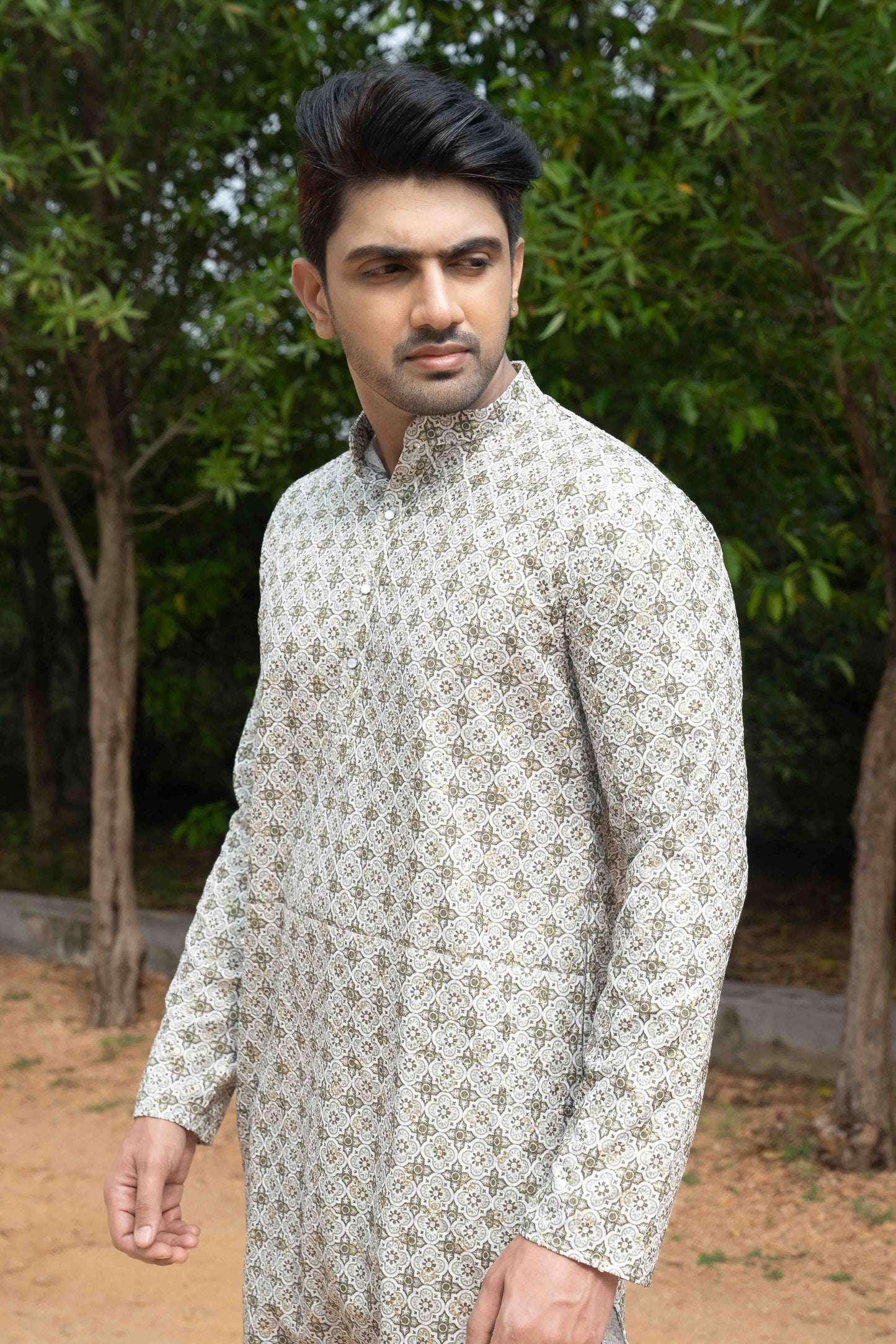 Printed Cotton Kurta - Olive