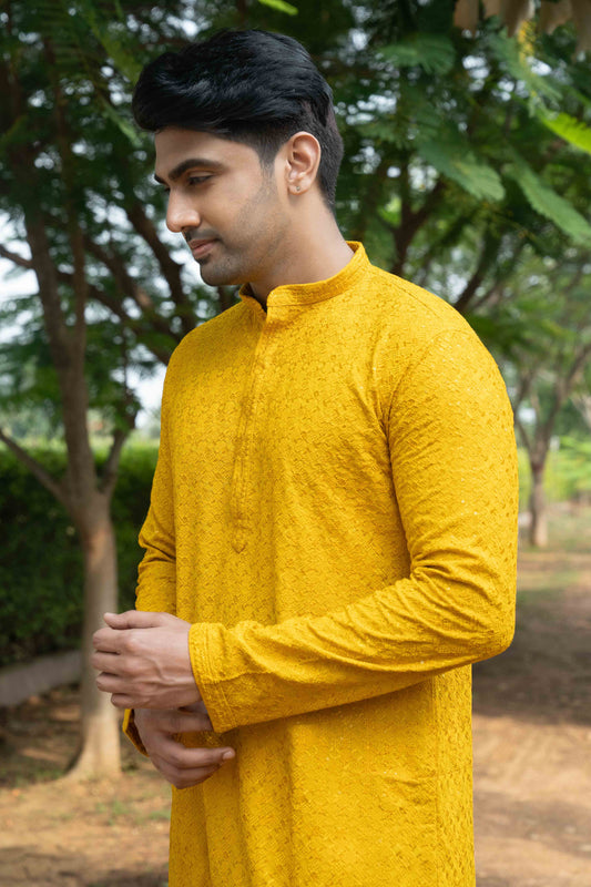 Chikan Kari Kurta - Yellow