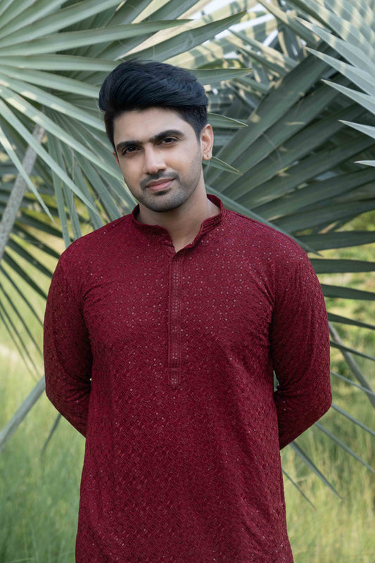 Chikan Kari Kurta - Red