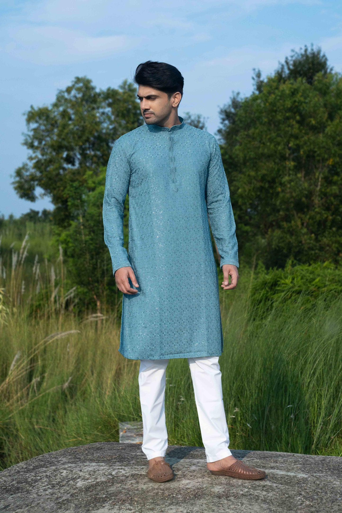 Chikan Kari Kurta - Teal