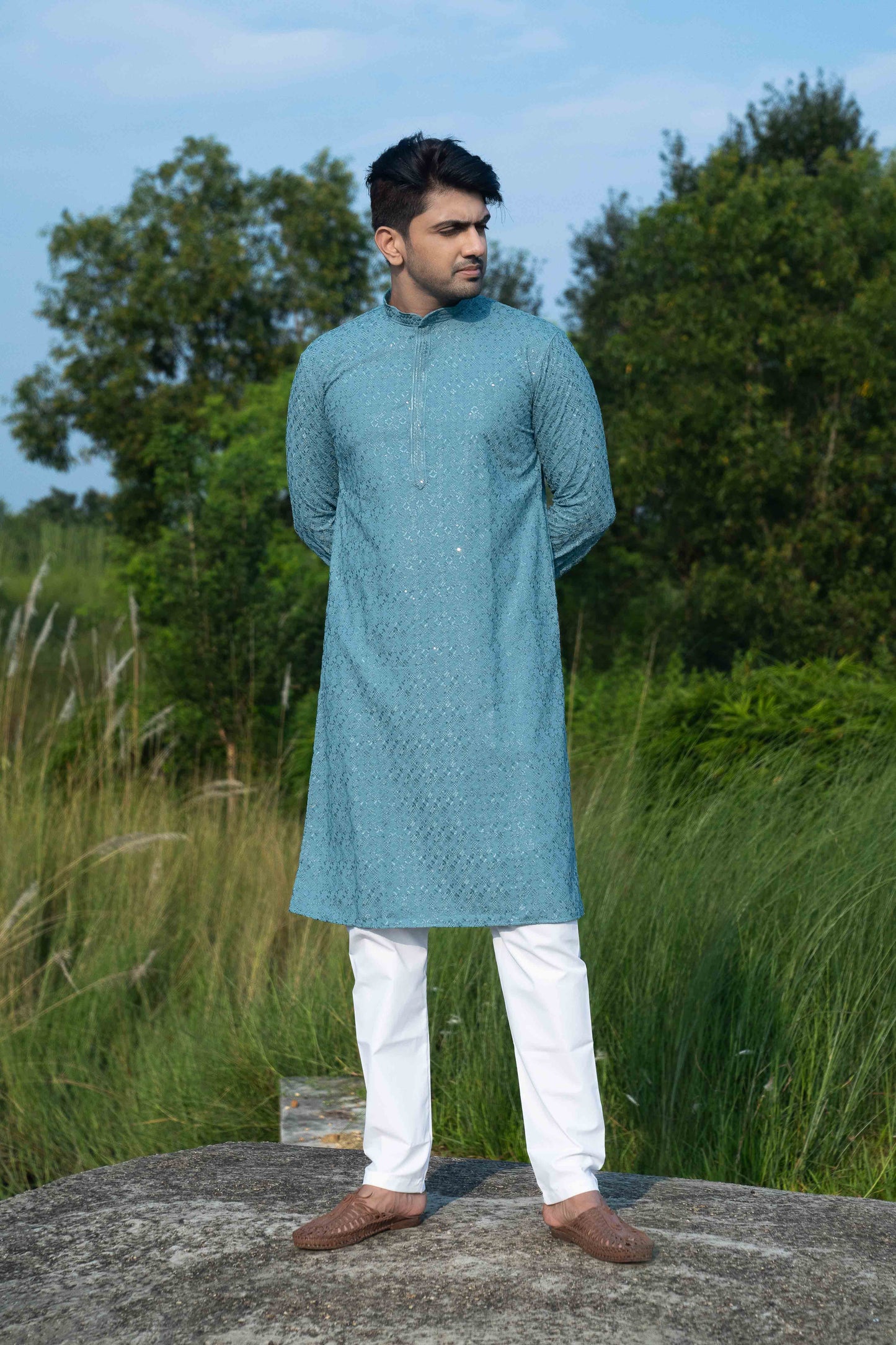 Chikan Kari Kurta - Teal