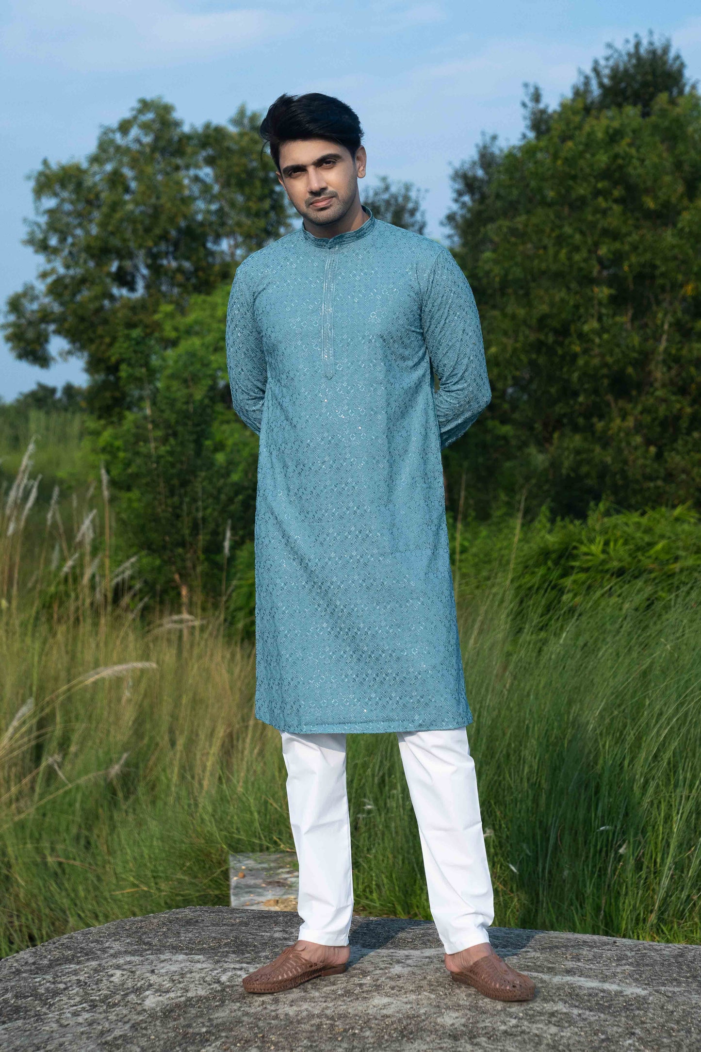 Chikan Kari Kurta - Teal
