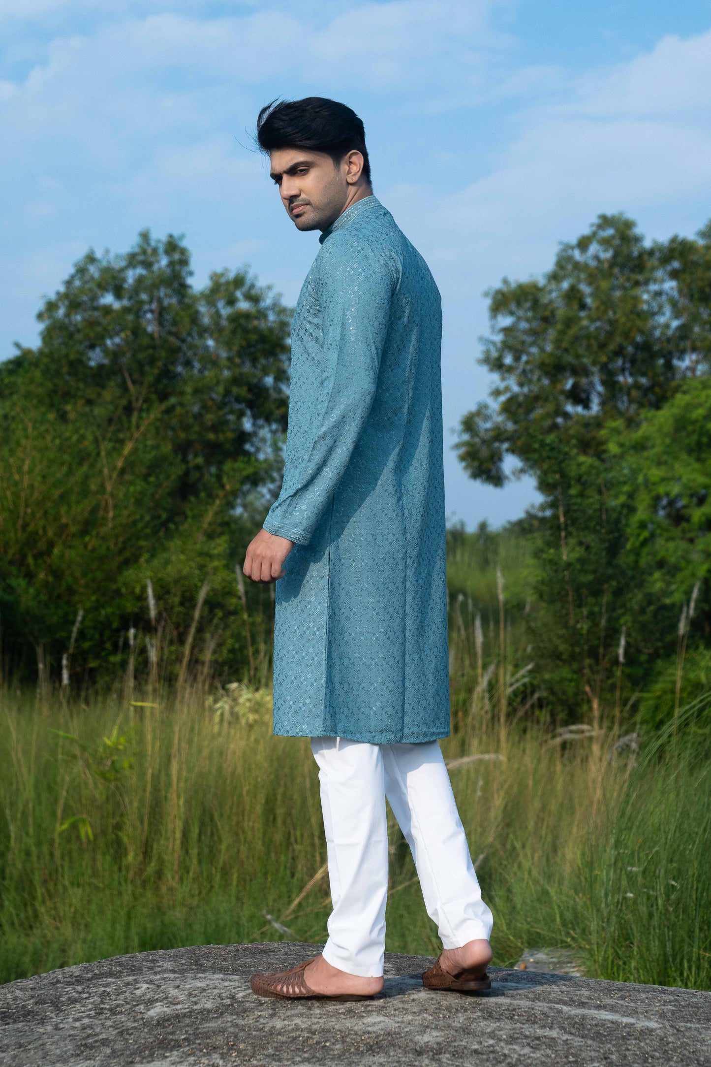 Chikan Kari Kurta - Teal