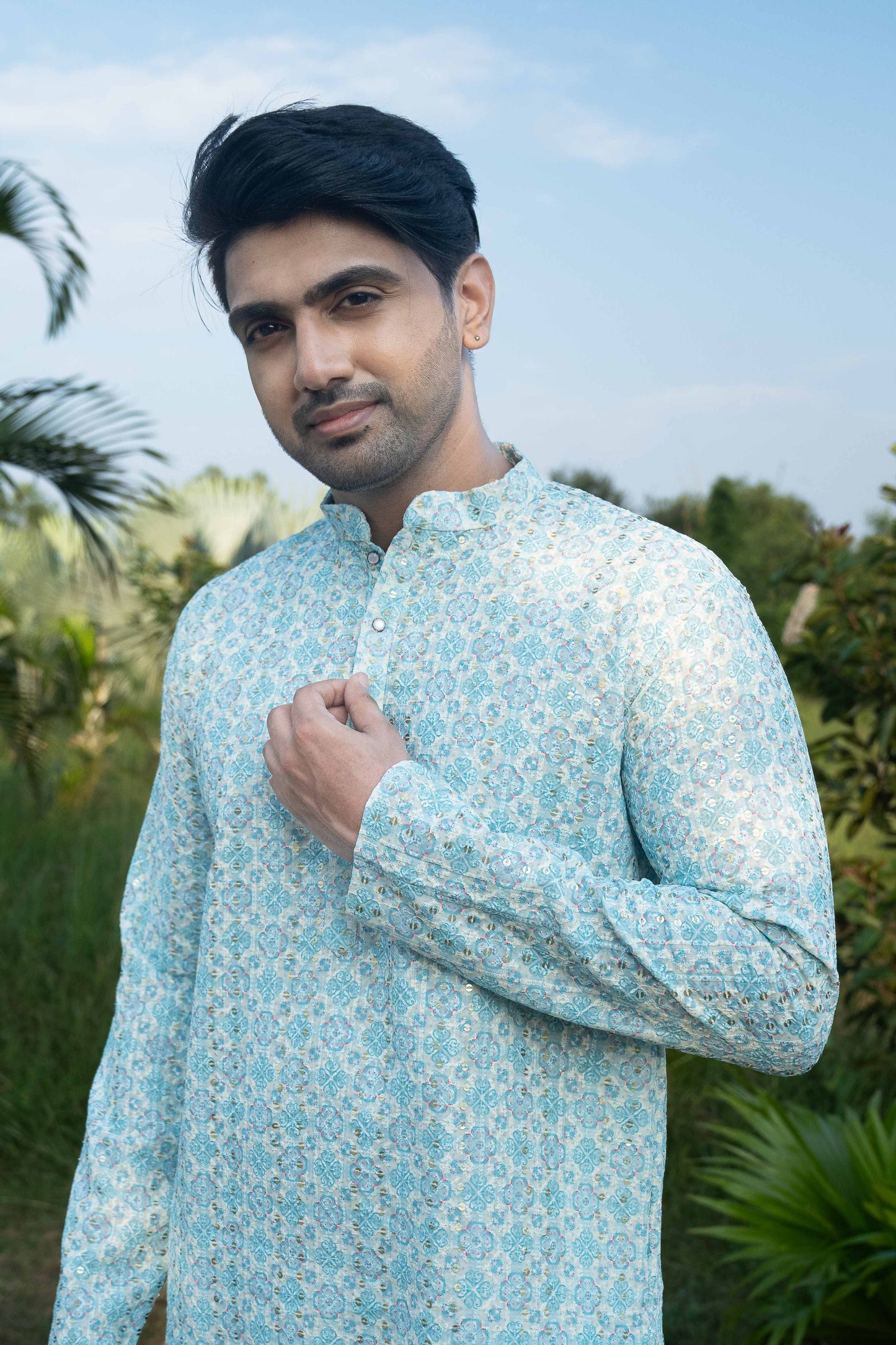 Chikan Kari Kurta - Light Blue