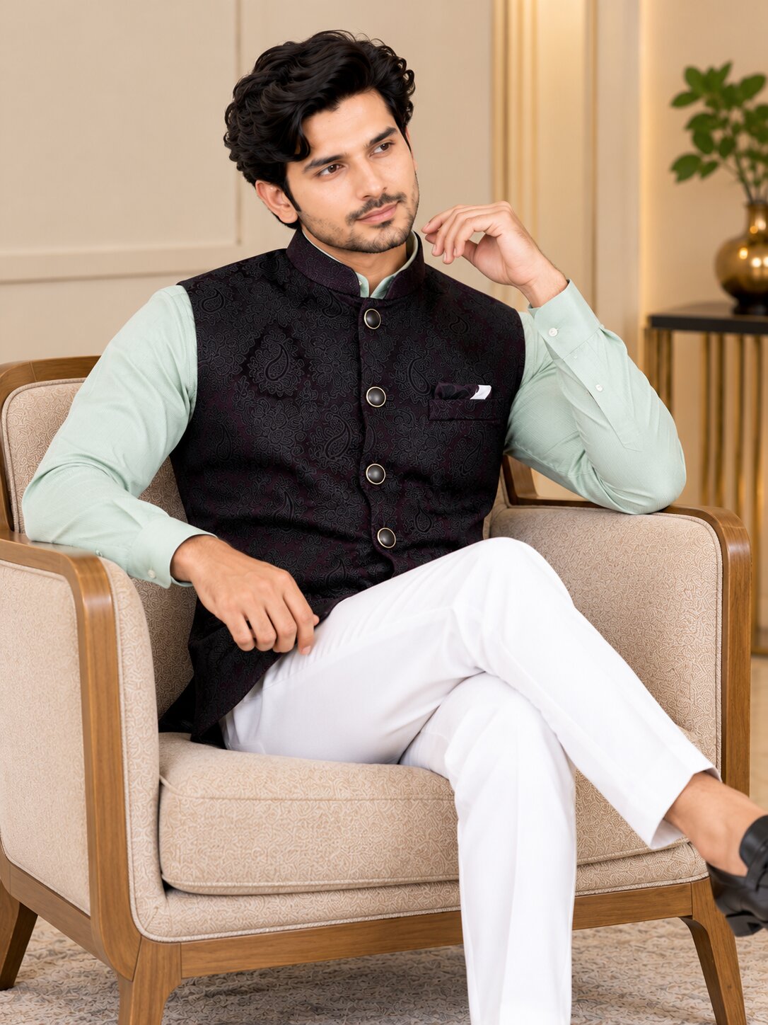 Men Wine Paisley Jacquard Nehru Jacket