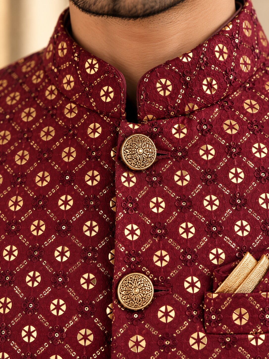 Men's Maroon Printed Nehru Jacket